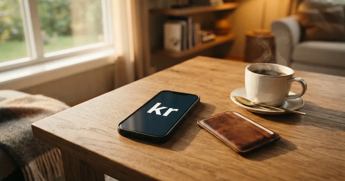 Mobiltelefon på et trebord ved siden av en lommebok og en kopp kaffe — 10 kr casinoer i norge