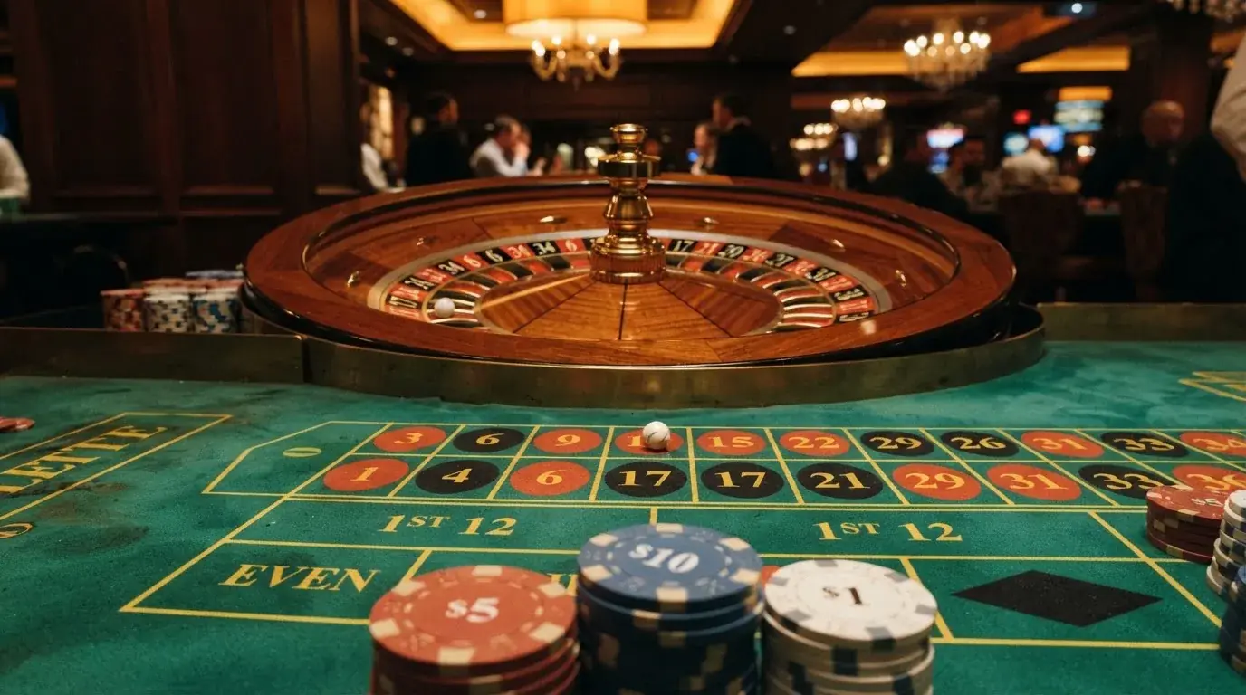 Rulettehjul og sjetonger på grønn filt i varmt kveldslys — 10 kr casinoer i norge