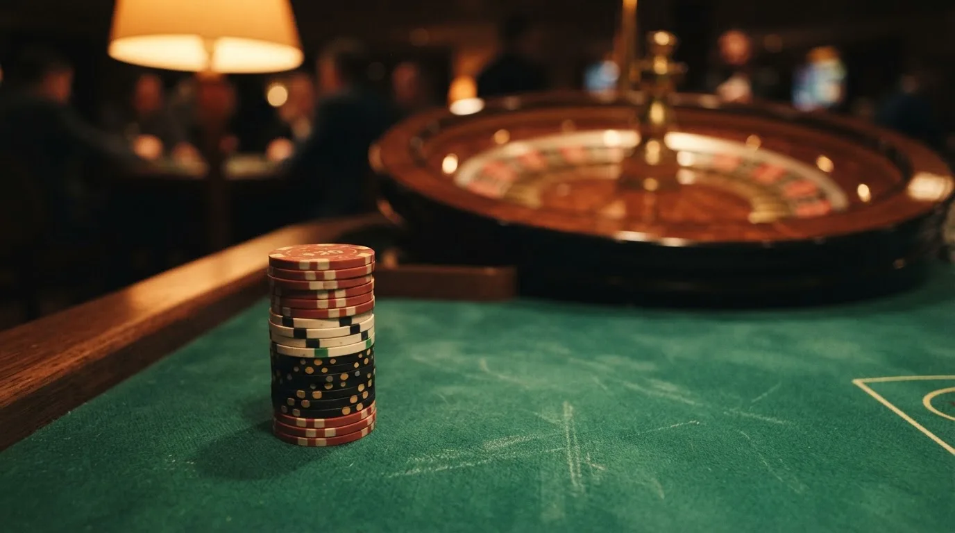 Rulettehjul og sjetonger på grønn filt i varmt kveldslys — 100 kr casinoer i norge