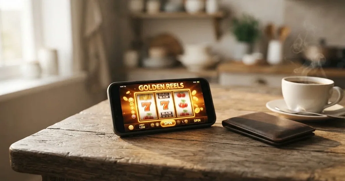 Mobiltelefon på et trebord ved siden av en lommebok og en kopp kaffe — 20 kr casinoer i norge