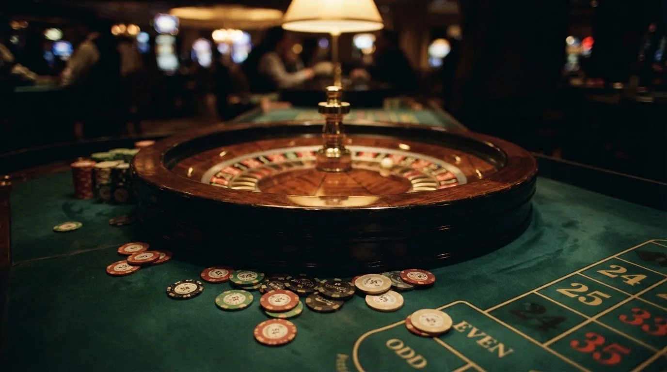 Rulettehjul og sjetonger på grønn filt i varmt kveldslys — 20 kr casinoer i norge
