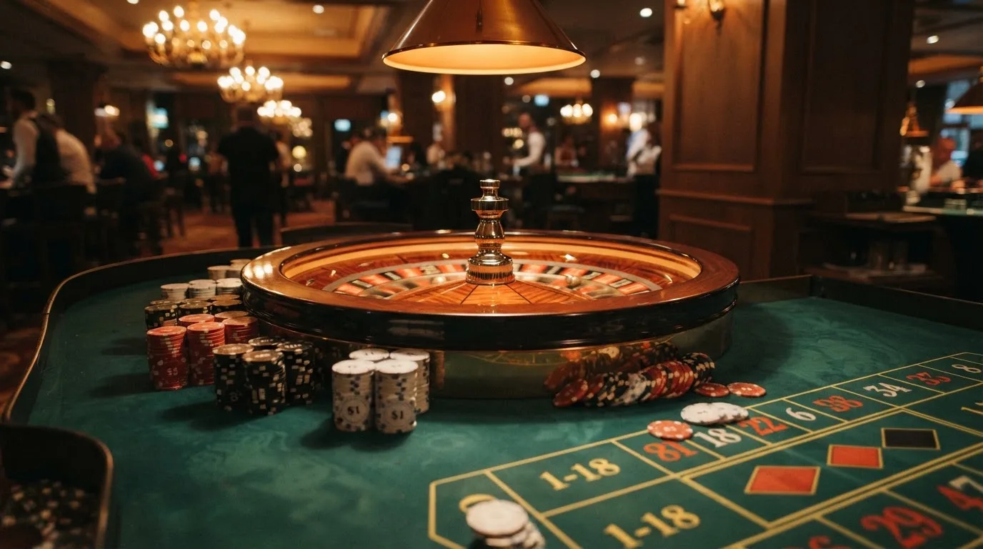 Rulettehjul og sjetonger på grønn filt i varmt kveldslys — anmeldelser av norske casinoer