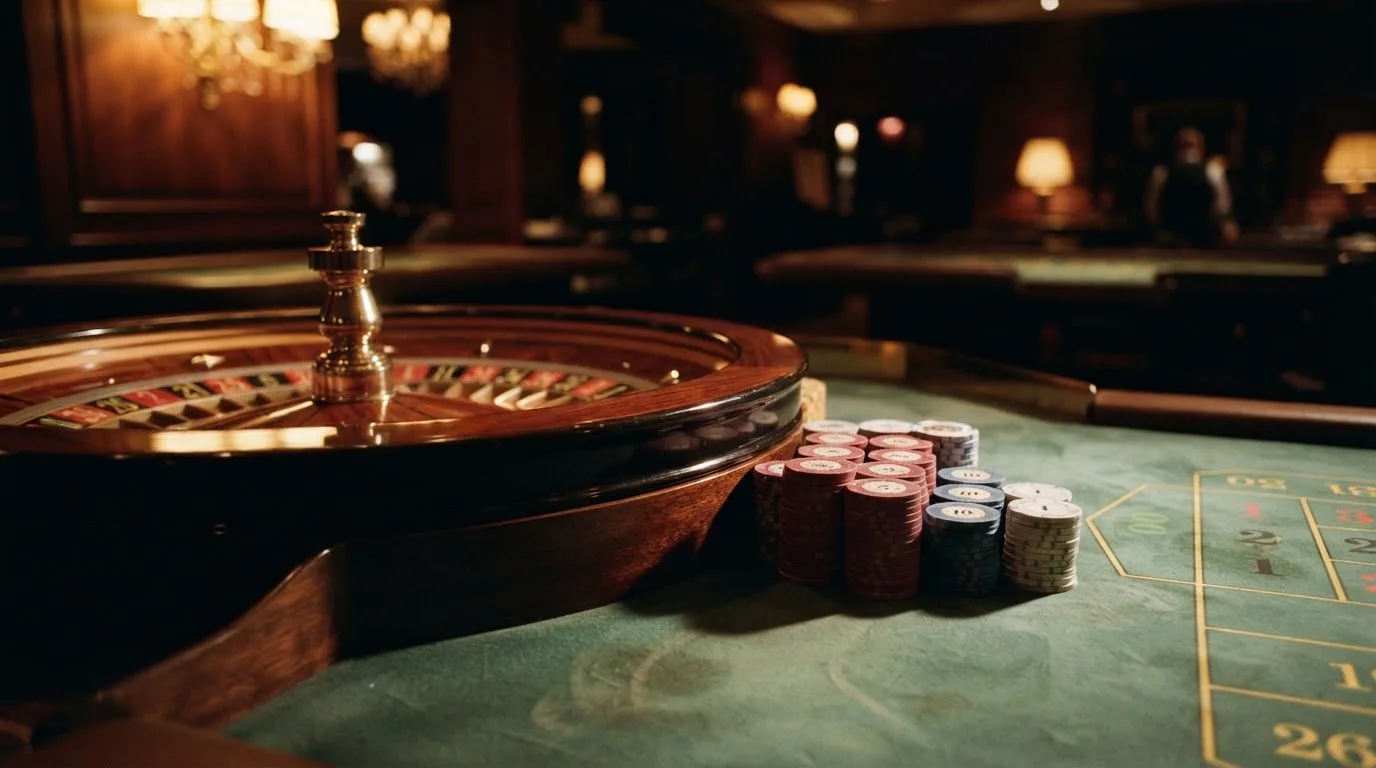 Rulettehjul og sjetonger på grønn filt i varmt kveldslys — beste blackjack i norge