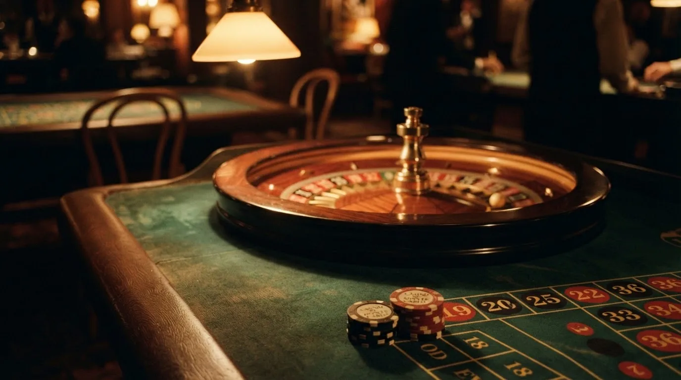 Rulettehjul og sjetonger på grønn filt i varmt kveldslys — beste bonuser på norske casinoer