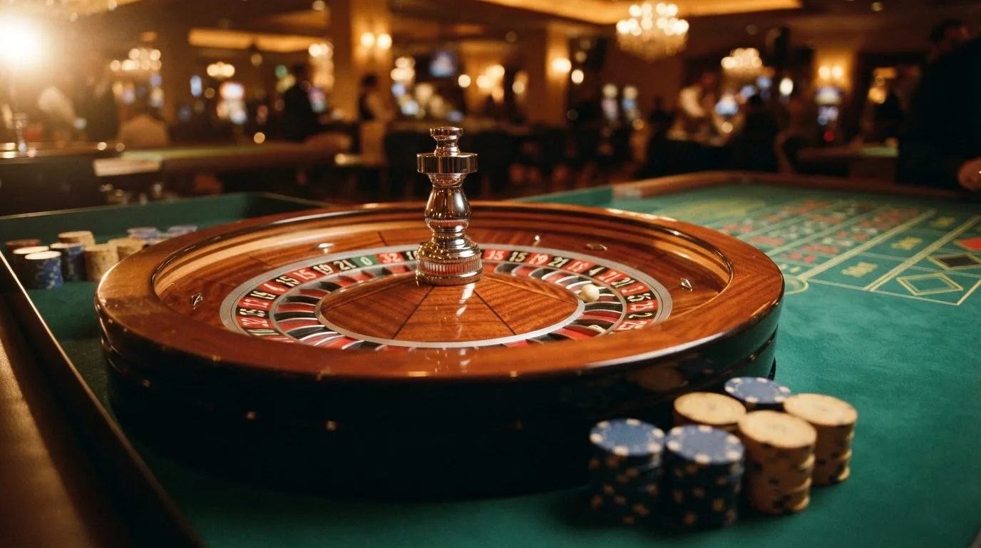Rulettehjul og sjetonger på grønn filt i varmt kveldslys — beste casino spilleautomater