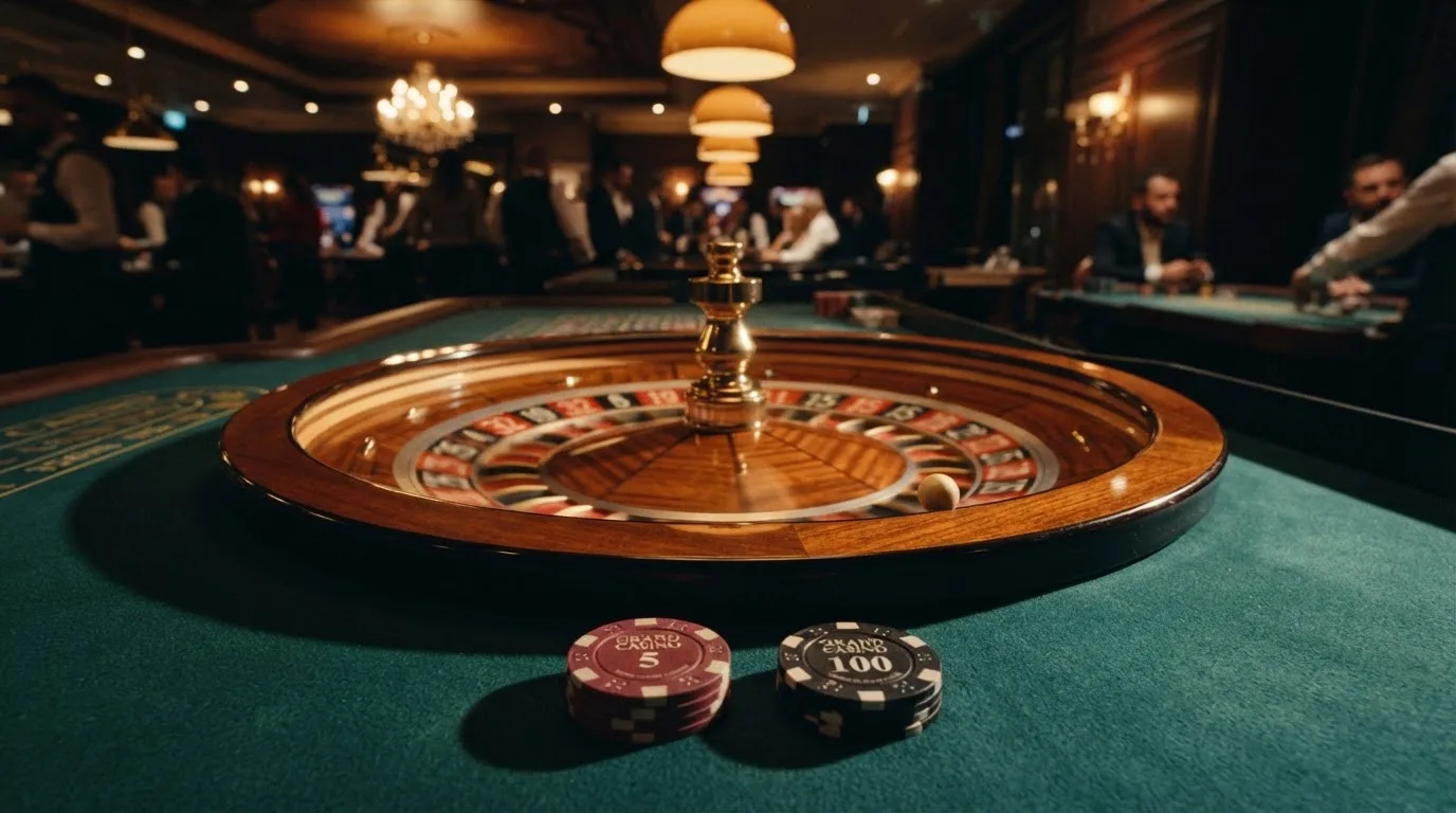 Rulettehjul og sjetonger på grønn filt i varmt kveldslys — beste casinobonuser i norge