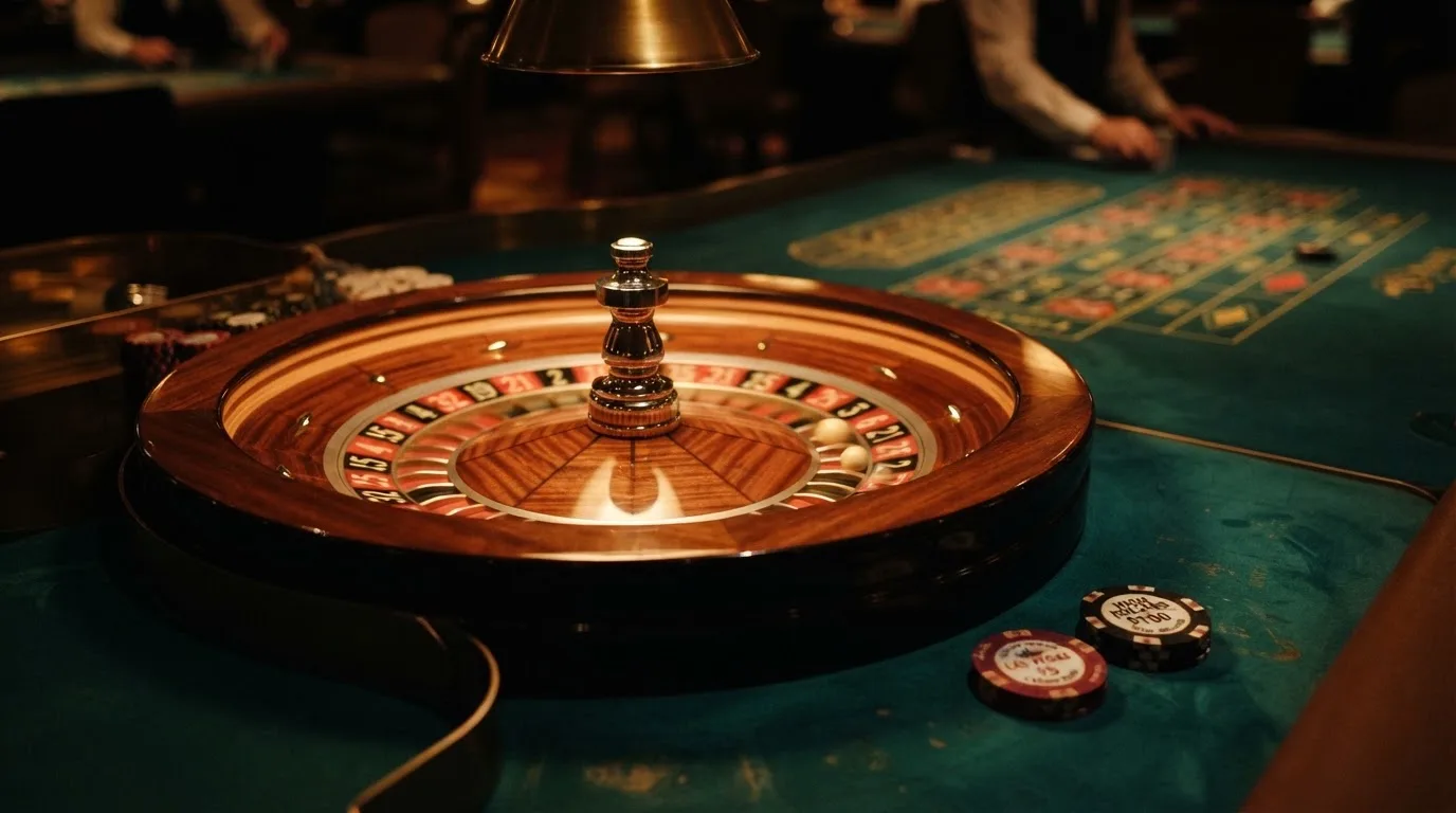 Rulettehjul og sjetonger på grønn filt i varmt kveldslys — beste casinoer med baccarat