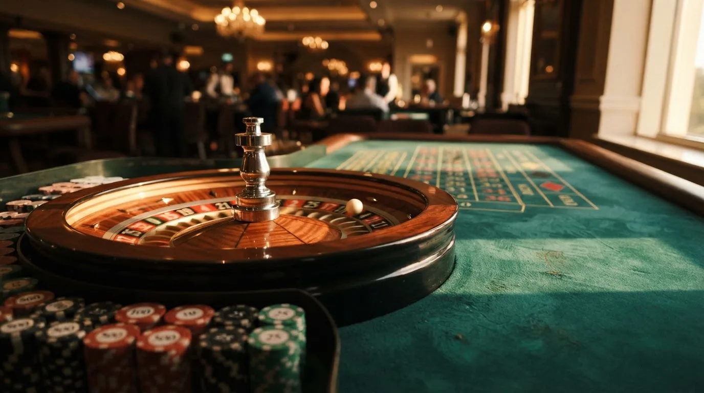 Rulettehjul og sjetonger på grønn filt i varmt kveldslys — beste casinoer med bingo