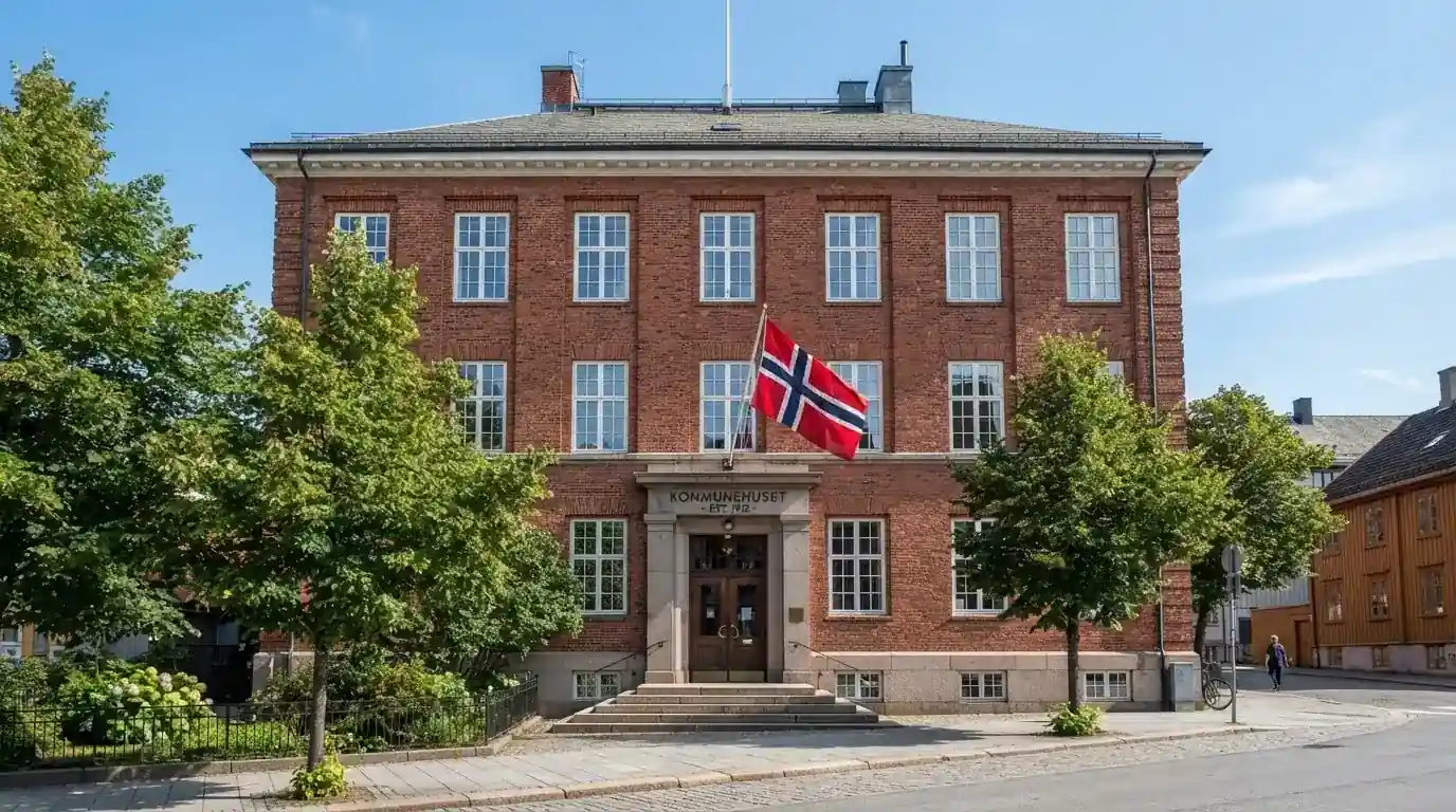Offentlig kontorbygning i rødt murstein i en norsk by, med et flagg ved inngangen og blå himmel