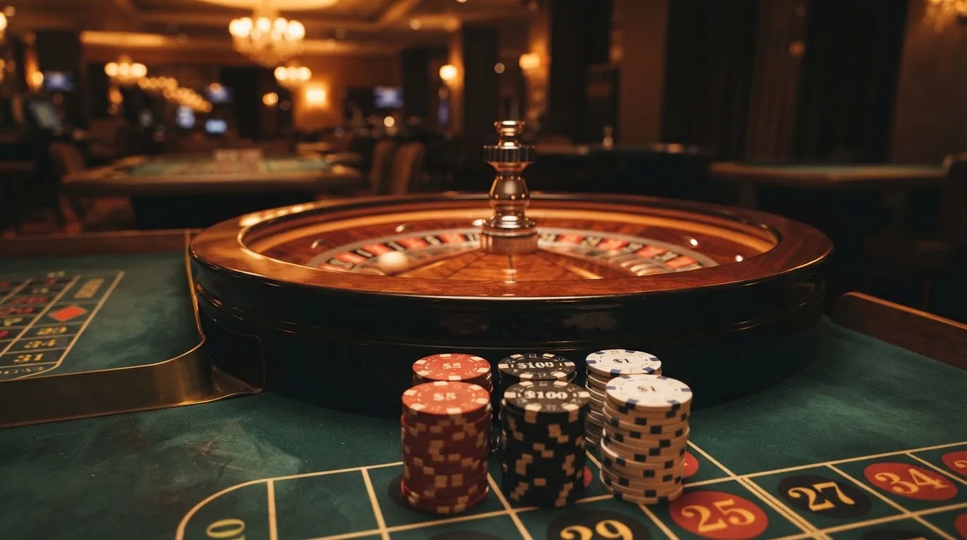 Rulettehjul og sjetonger på grønn filt i varmt kveldslys — beste utenlandske casinoer