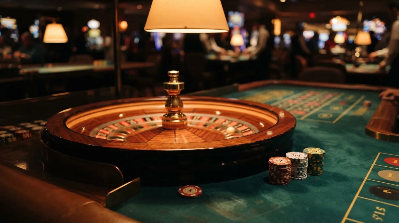 Rulettehjul og sjetonger på grønn filt i varmt kveldslys — bonuser på nettcasino