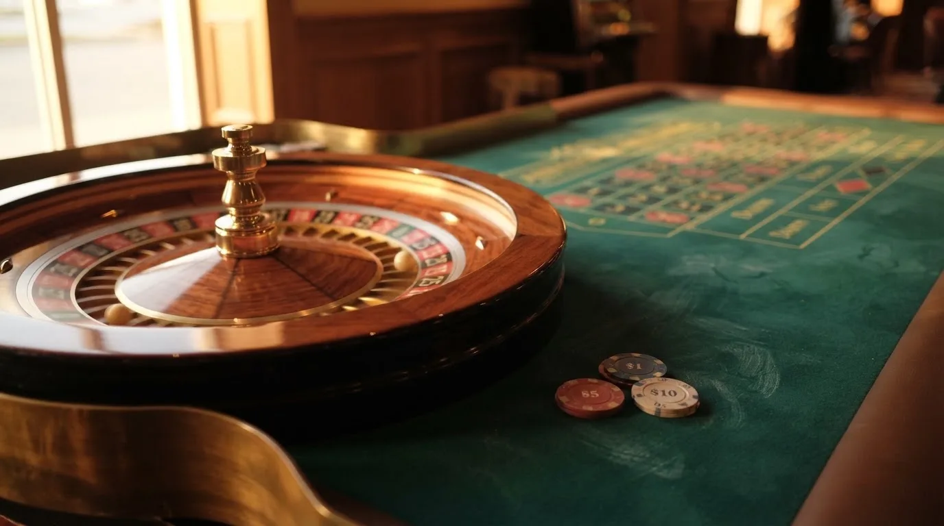 Rulettehjul og sjetonger på grønn filt i varmt kveldslys — casino slots in norway