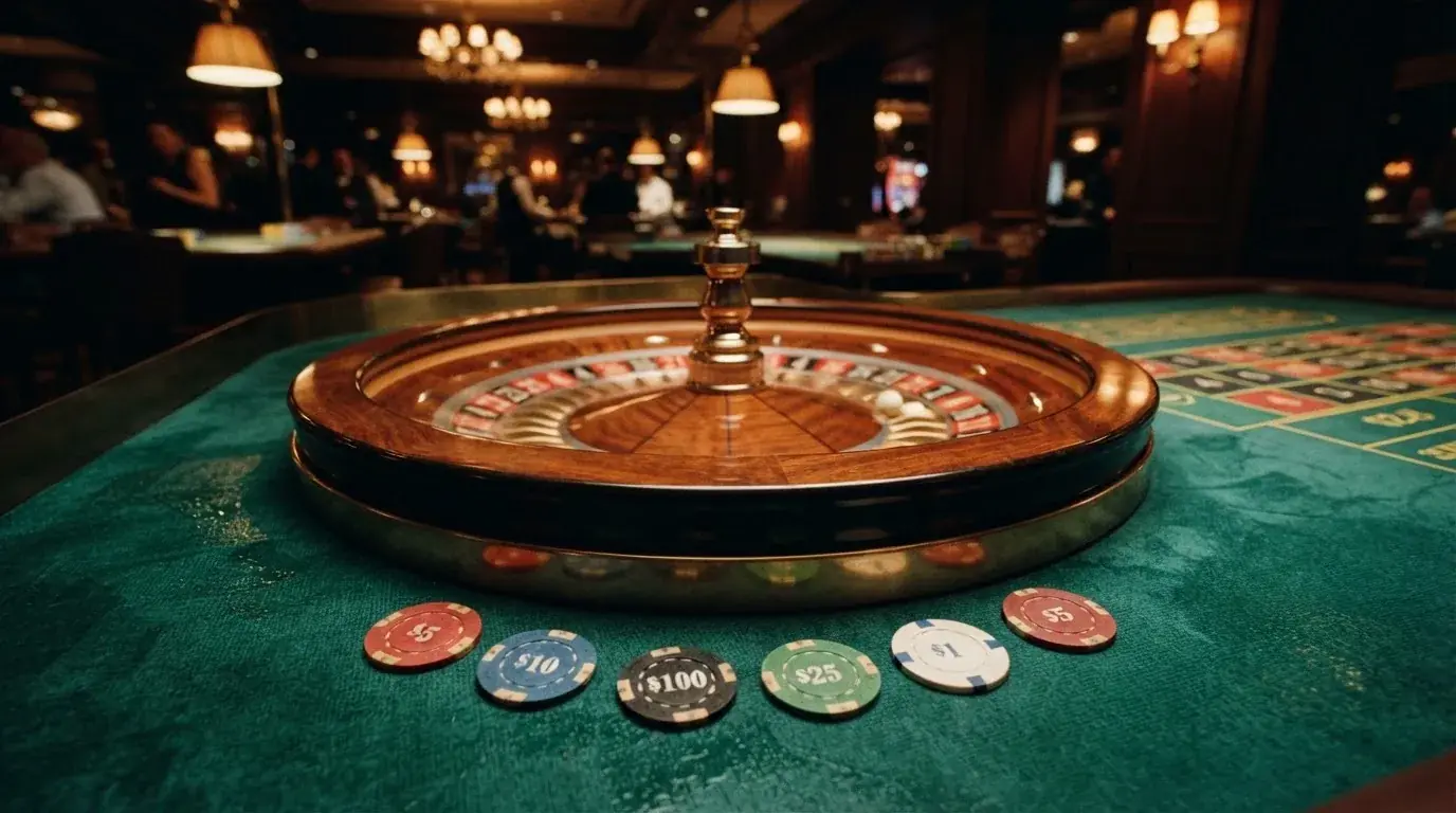 Rulettehjul og sjetonger på grønn filt i varmt kveldslys — casino tipping i norge