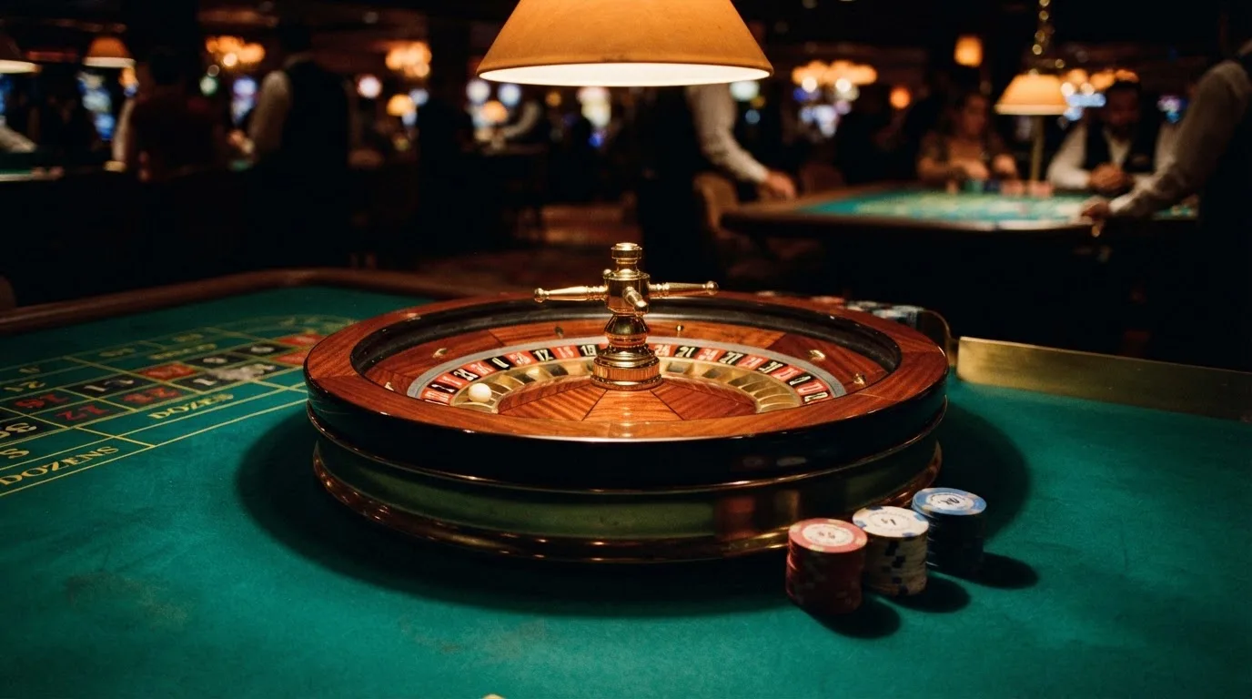 Rulettehjul og sjetonger på grønn filt i varmt kveldslys — casino uten lisens i norge