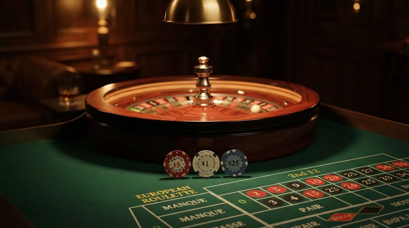 Rulettehjul og sjetonger på grønn filt i varmt kveldslys — casinoer med bitcoin i norge