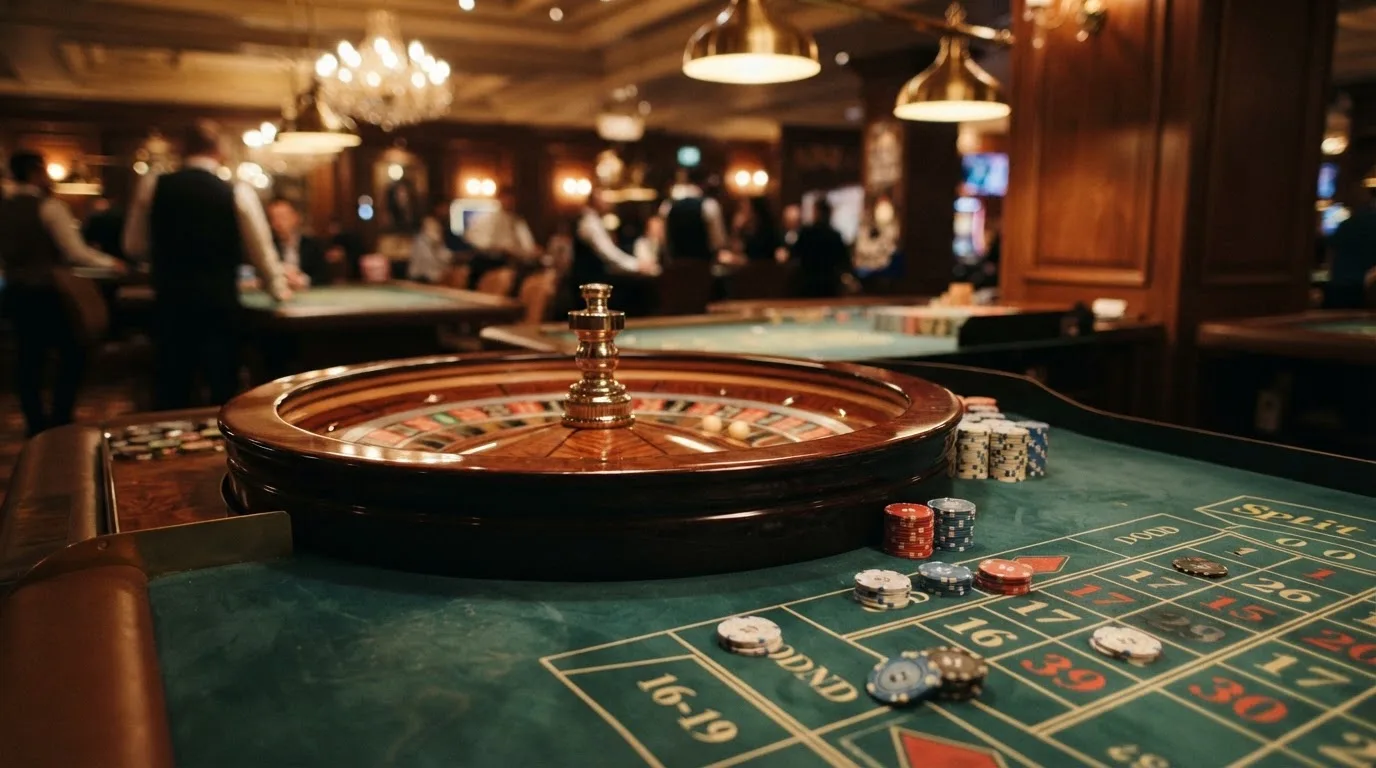 Rulettehjul og sjetonger på grønn filt i varmt kveldslys — casinoer med dogecoin i norge