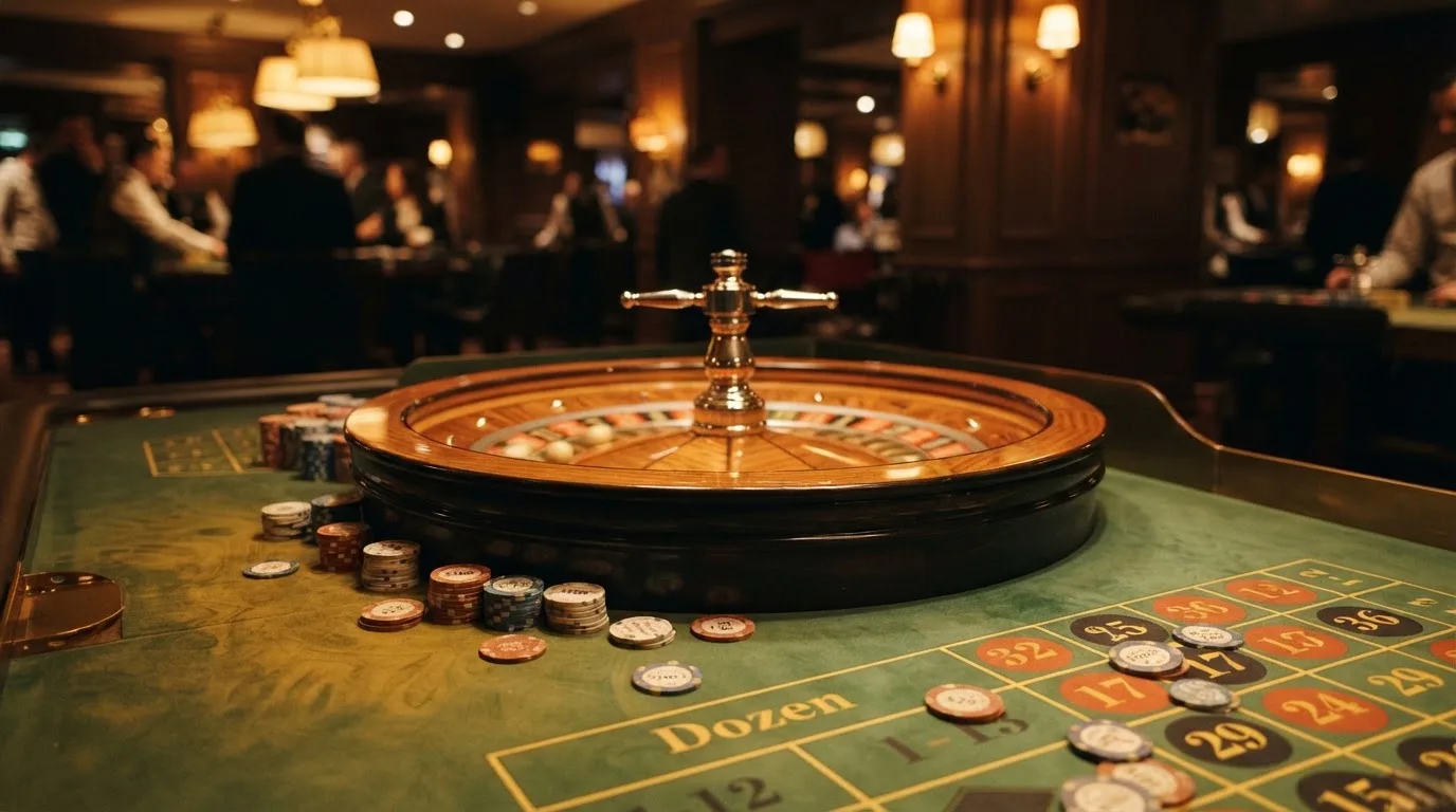 Rulettehjul og sjetonger på grønn filt i varmt kveldslys — live roulette in norway